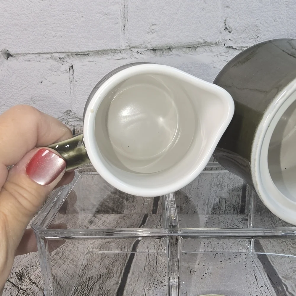 VINTAGE MID CENTURY MODERN CREAM AND SUGAR BOWL DARK JADE GREEN FROM JAPAN EUC
